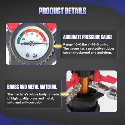MR CARTOOL Coolant System Refill Kit, Automotive Vacuum Fill Coolant Tool Set with Pressure Gauge, 5 Adapters and Air Connectors, Antifreeze Change Tool for Testing Radiator and Heating Core Pipes
