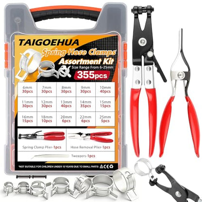355Pcs Spring Band Hose Clamp Assortment Kit, 6-25mm 15 Sizes Carbon Steel for Fuel Line, Vacuum & Silicone Hoses, Automotive & DIY, with Swivel Jaw Pliers & Removal Tool - size: 15 sizes-355 PCS