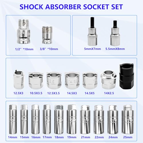 63PCS Shock Absorber Strut Nut Socket Set Master Suspension Strut Top Mount Nut Removal Install Tool with Strut Nut Socket Ratchet Adaptors - size: 63 Pcs