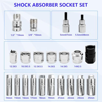 63PCS Shock Absorber Strut Nut Socket Set Master Suspension Strut Top Mount Nut Removal Install Tool with Strut Nut Socket Ratchet Adaptors - size: 63 Pcs