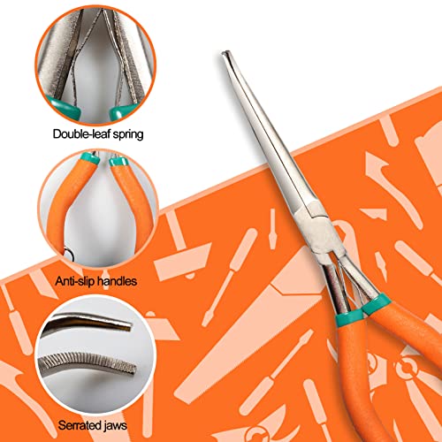 SPEEDWOX 7" Long Reach Needle Nose Pliers with Teeth, Extra Long Nose Mini Precision Wire Looping Pliers with Anti-Loss Lanyard for Narrow Spaces, Needle Remover Pliers(Curved Tips, Curved Handle) - style: Long Curved Tips &Curved Handle