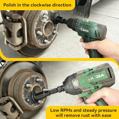 Wheel Hub Resurfacing Kit – Wheel Stud and Hub Cleaner for Quick Rust Removal on Lug Studs & Brake Rotors, Includes 5 Cleaning Pads + 3 Brushes (2", 3.5", 4"), Fits 1/2" Wrenches or Electric Drills