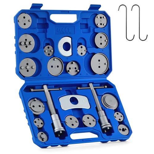 OMT 24pc Brake Caliper Compression Tool with Adapters & Hangers, Sandblast | 1045 Steel Construction; Full Multi Piece Set for Most Vehicles; Thrust Bolt Assemblies; Precision Auto Repair - color: Gray