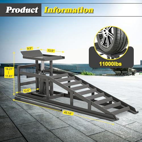 Hydraulic Car Ramps 5 T 11000 LBS, 2 Pack Heavy Duty Steel Car Ramps Lift Height 11.61 in-16.21 in, Low Profile Car Lift Service Ramps Truck Trailer Garage
