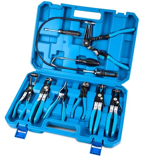 9PCS Professional Hose Clamp Pliers Set for Automotive, Long Reach Flexible Wire & Swivel Jaw Pliers for Fuel, Oil, Coolant Radiator Heater and Water Hoses