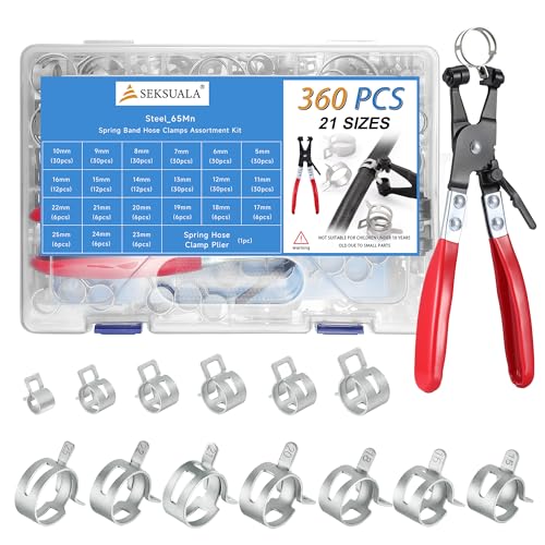 360Pcs 1/5" to 1" (5-25mm) Spring Band Hose Clamps Assortment Kit with Swivel Flat Hose Clamp Plier, SEKSUALA Constant Tension Steel Clamps for Fuel Lines, Silicone,Vacuum Hoses (Grey) - size: Grey-360Pcs-21Size 1/5" to 1"(5-25mm)