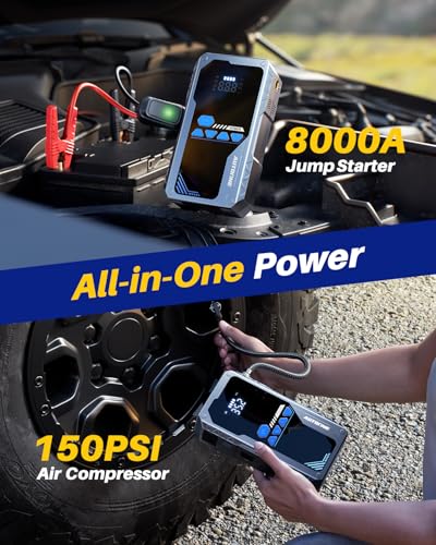 AUTOONE JWA2 Jump Starter with Air Compressor (All Gas/12L Diesel), 150PSI Car Jumper Starter Portable, Jump Box Tire Inflator with LED Flashlight, LCD Display, Storage Case - size: With Inflator 8000A