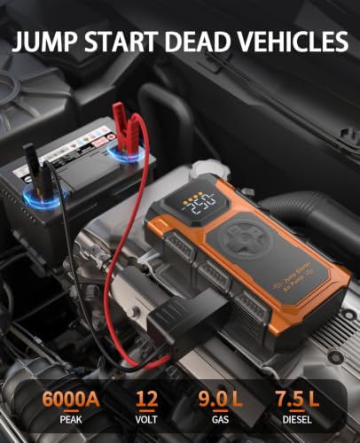 Jump Starter with Air Compressor, 6000A Car Battery Charger Power Jump Box Start 12V Vehicles(Up to 9.0L Gas&7.5L Diesel Engines) Portable Car Booster Jumper Pack Combo150 PSI Tire Inflator