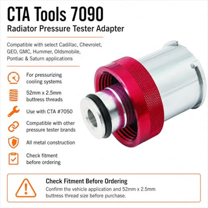 CTA Tools 7090 Radiator Pressure Tester Adapter, 52mm x 2.5mm Buttress Threads, Compatible with CTA 7050 and Other Pressure Testers