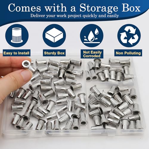 8-32 UNC Rivet Nut, 100Pcs 304 Stainless Steel Flat Head Rivnut Threaded Insert Nutsert - color: Silver, size: SAE #8-32 - 100 Pcs