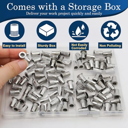 8-32 UNC Rivet Nut, 100Pcs 304 Stainless Steel Flat Head Rivnut Threaded Insert Nutsert - color: Silver, size: SAE #8-32 - 100 Pcs