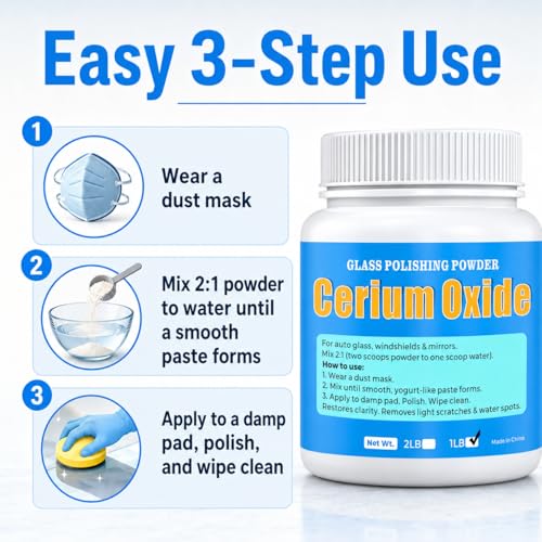 Cerium Oxide Glass Polishing Powder (1 lb) – 99% Pure White 1 Micron Glass Polish Compound for Windshield & Car Window Scratch Repair, Removes Wiper Marks & Water Spots