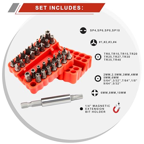 34pcs Security Bit Set 1/4 Inch Hex Shank Screwdriver Bit Set,Tamper Proof Bits-Torx+Hex+Tri Wing+Star+Spanner for Torx Security Screwdriver Set,High Hardness Impact Driver Bit Set(Red+RedRatchet) - color: Red+redratchet