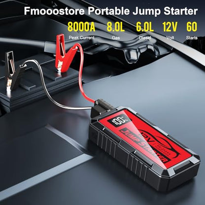 8000A Car Jump Starter, 12V Jump Starter Battery Pack (All Gas,up to 10.0L Diesel Engine) Jumper Cables Portable Lithium Jump Box, USB Output and LED Light (red) - color: red
