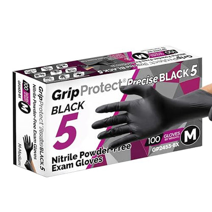 GripProtect Precise 5 Mil Black Nitrile Gloves – Chemical Resistant Nitrile Gloves with Textured Grip for Mechanics, Janitorial, Tattoo & Food Prep – Medical Grade Disposable Gloves, Medium, 100 - size: M