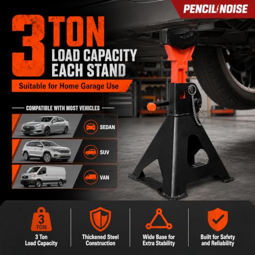 Jack Stands, 3 Ton(6600 Lbs) Capacity with Rubber Cover and Large Foot Base, Heavy Duty Steel Double Locking Car Lifting Stand, 1 Pair (Black Orange(with Rubber Cover)) - color: Black Orange(with rubber cover)