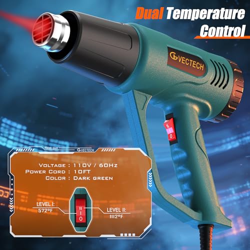 Heat Gun,10FT cable,Dual-Temperature Settings 572°F & 1112°F | 4 Nozzles,Overheat Protection, for crafting, shrink wrap, paint removal,resin,Car tinting - color: Green