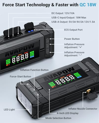 AVAPOW Jump Starter with Air Compressor, 8000A 150PSI Car Battery Jump Starter Portable with 4" HD Display 12V Jump Box & Battery Booster (8L Gas/8L Diesel) with Auto-Shutoff Tire Inflator - color: 8000A