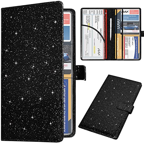 DMLuna Car Registration and Insurance Holder, Leather Vehicle Card Document Glove Box Organizer, Auto Truck Compartment Accessories for Essential Information, Driver License Cards, Glitter Black - color: Glitter Black, size: Magnetic Closure Style