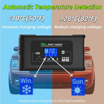P35 12V/24V 35A Smart Car Battery Charger & Maintainer, 9 Stage Charging for Lithium,AGM,Lead-Acid,LiFePO4, with Battery Repair Function, LCD Display for Various Vehicles