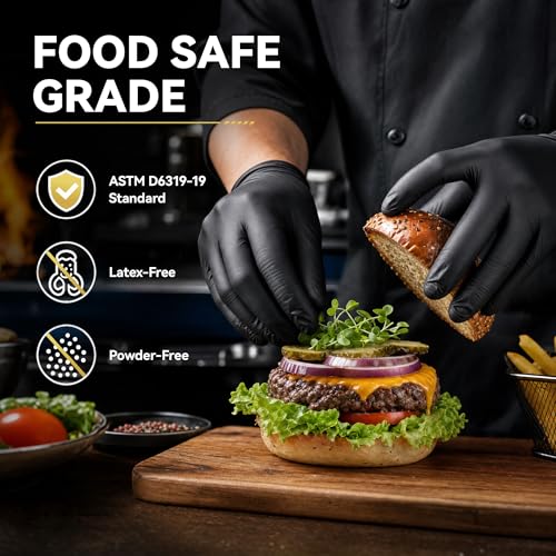 5 Mil Black Nitrile Gloves Disposable Latex Free, Textured Grip Food Safe, Professional for Cooking, Tattoo, Cleaning - size: Medium