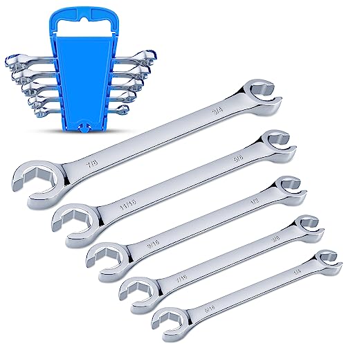 EFFICERE 5-Piece Double-End SAE Flare Nut Wrench Set in Rack, Size 1/4, 5/16, 3/8, 7/16, 1/2, 9/16, 5/8, 11/16, 3/4, 7/8” | Cr-V Steel, 6-Point Head, Best Line Wrench for Fuel, Brake, Air Conditioning - size: SAE Set, 5-Piece