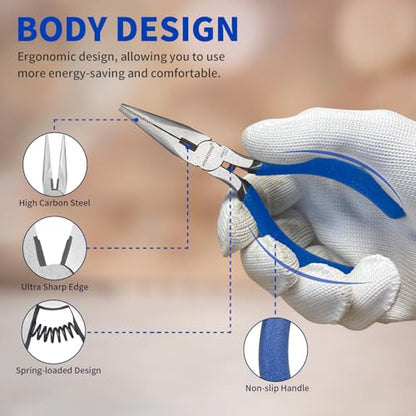 KAIHAOWIN 5" Mini Needle Nose Pliers - 5 Pack, Precision Small Long Nose Pliers for Jewelry Making & Wire Cutting, Spring Loaded Thin Needle Nose Pliers Set, Rustless High Carbon Steel - size: 5x Needle Nose