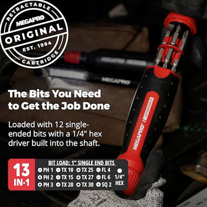 Megapro Automotive Screwdriver Set | One Multi-Bit Screwdriver with ¼” Hex Shaft | Phillips, Torx | Compact Automotive Bit Set (Ratcheting) - style: Ratcheting