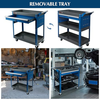 3 Tier Tool Cart,440 LBS Capacity Rolling Tool Cart with Drawers,Heavy Duty Industrial Service Cart on Wheels with Pegboard Hooks for Mechanics,Garage,Warehouse,Workshop,Blue