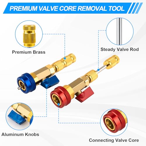 31PCS Professional AC Valve Core Removal Tool for R134A Refrigerant Systems, Quick Remover & Installer for High/Low Pressure Ports, Includes Valve Core Tool Set, Service Port Caps & Stem Kit