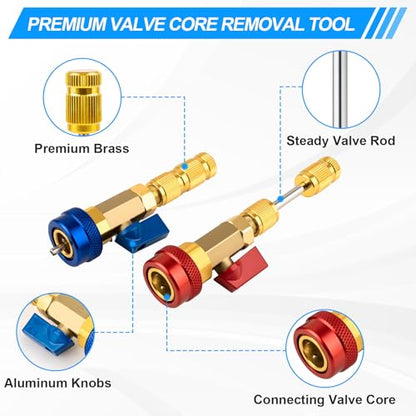 31PCS Professional AC Valve Core Removal Tool for R134A Refrigerant Systems, Quick Remover & Installer for High/Low Pressure Ports, Includes Valve Core Tool Set, Service Port Caps & Stem Kit