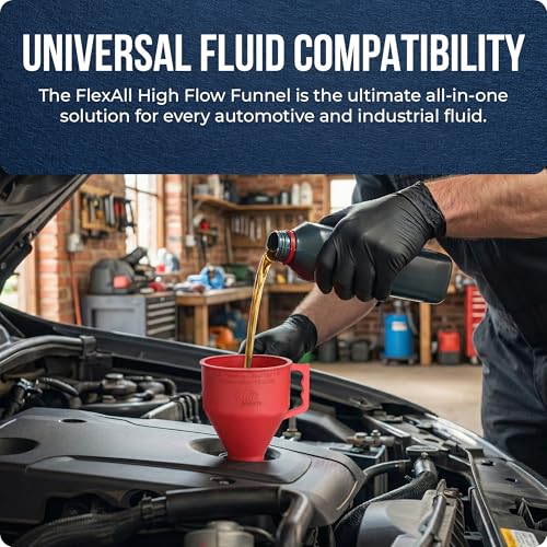 TEC Products FlexAll Short Neck Funnel - Flexible Funnel w/Hose, Durable Nitrile Rubber Automotive Funnels - Oil Change Tool for Transmission Fluid, Diesel, Gas - USA Made - Small (8.3 x 4.3 Inches)