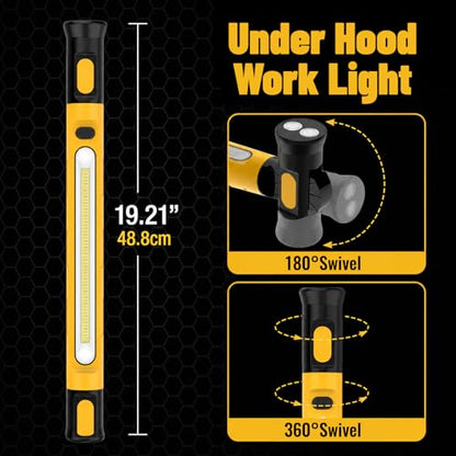 Under Hood Work Light, 3000lm Rechargeable Magnetic LED Light Bar with 360° Rotation & Hooks for Car Repairing, Garage, Mechanic, Camping & Emergency