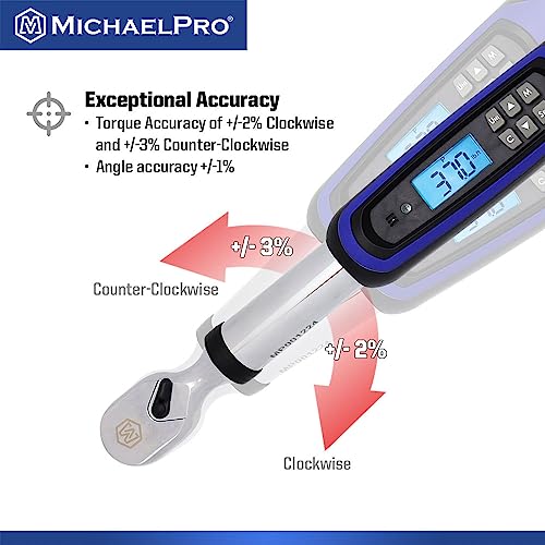 MichaelPro 3/8 Digital Torque Wrench with Angle Function, 10 to 100 ft-lbs (10 to 135 Nm), Target Torque Multi-Alert System, 10 Available Presets | MP001224 (3/8" Drive Fixed Head) - size: 3/8" Drive Fixed Head