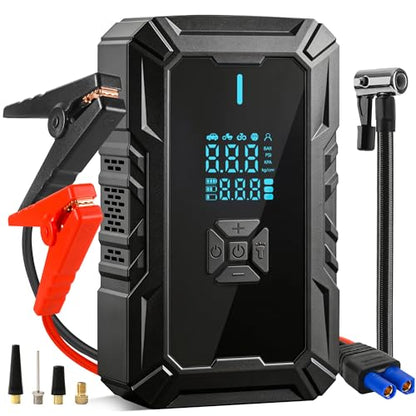 Car Battery Jump Starter with Air Compressor, Portable Jump Pack Fit for 1.5L-9L Gas & Diesel Vehicles (All 12V Batteries Car), Fast Tire Inflation Car Battery Booster Ideal for Men