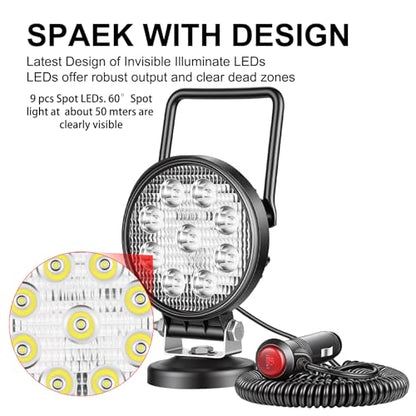 SKYWORLD Magnetic Mount LED Work Light, 2PCS 4 Inch 27W Round Spot Off Road Driving Fog Lamp 12V 24V with Portable Magnetic Base Holder for Truck Tractor Trailer Car Boat Engineering Vehicle - size: 2Pcs 4 Inch 27W Spot