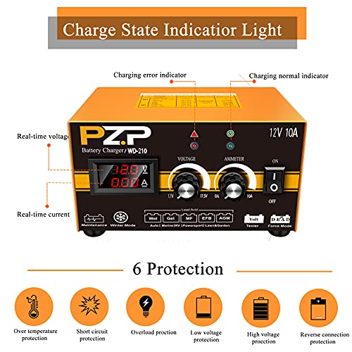 PZP 12V Manual Battery Charger Maintainer, 0 to 10A Arbitrarily Adjustable Car Battery Trickle Charger, Battery Desulfator with Repair, Winter Mode, Suitable for Lawn Mower, AGM, Deep Cycle Batteries - color: Tangerine