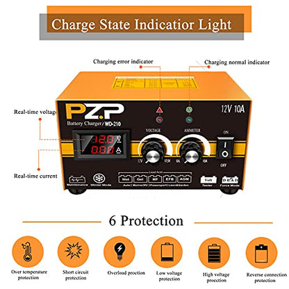 PZP 12V Manual Battery Charger Maintainer, 0 to 10A Arbitrarily Adjustable Car Battery Trickle Charger, Battery Desulfator with Repair, Winter Mode, Suitable for Lawn Mower, AGM, Deep Cycle Batteries - color: Tangerine