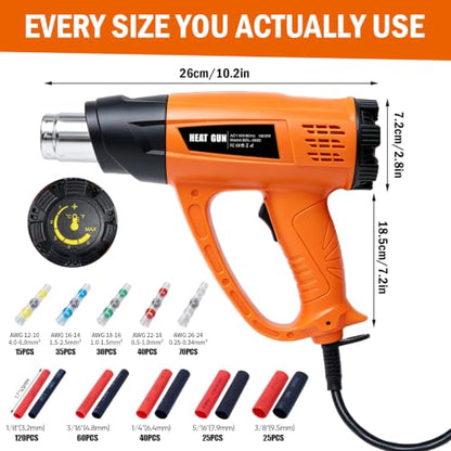 460PCS Waterproof Solder Seal Wire Connectors & 3:1 Heat Shrink Tubing with 1800W Heat Gun Kit 122℉~1202℉ Variable Temp 1.5S Fast Heating Overheat Protection for Auto Marine & Wiring Repair 10-26 AWG - size: 460pcs