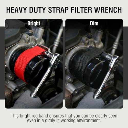 Heavy-duty oil filter wrench, Oil filter removal tool, 3/8 & 1/2 in Drive | Fits filters up to 9 in (229 mm), with a flexible nylon strap for narrow engine bays and tight service spaces
