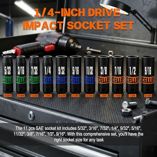 11 Piece 1/4-Inch Drive Impact Socket Set, 5/32" - 9/16" Deep Sockets, 6 Point SAE Sockets for Automotive Repair, Equipment Maintenance - size: 1/4 Inch SAE Deep