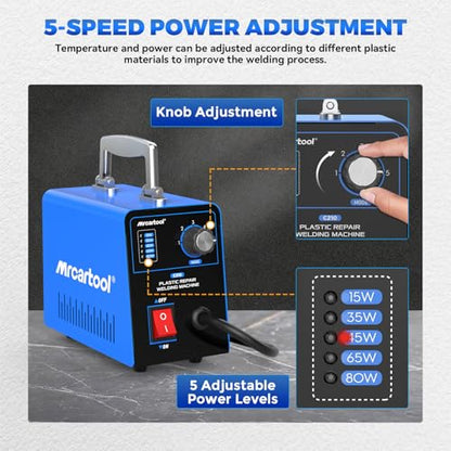 MRCARTOOL Plastic Welding Kit with 600pcs Hot Staples 15W-80W Adjustable | For Car Bumper Repair, 5 Power Levels, LED Light, 1.5m Cord, Heat Dissipation