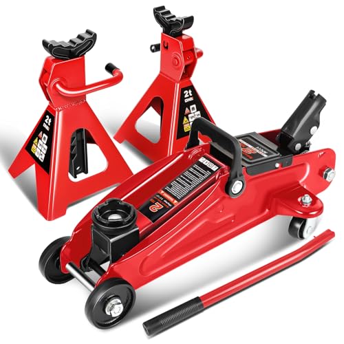 DNA Motoring 2 Ton Car Jack and Stands Kit 2T(4000 lbs) Capacity Low Profile Hydraulic Trolley Service/Floor Jack with 2 Ratchet Stands Combo for Home Garage Shop, Red, TOOLS-00476-RD - color: Red