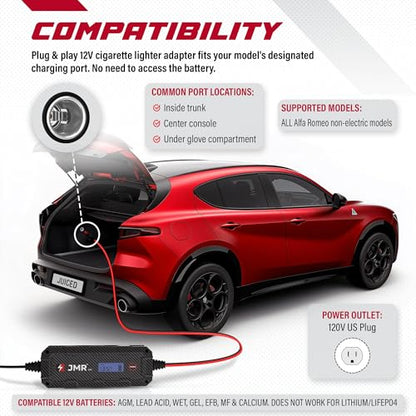 JMR 12V Battery Charger for Alfa Romeo, 12V Cig. Port, No Lithium Mode | Trickle Charger Conditioner Maintainer For Stelvio Giulia Giulietta Tonale 4C MiTo 8C Brera 159 GT 147 166 156 All Models - size: No Lithium Mode