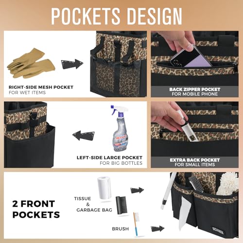 SCAVATA Compact Wearable Cleaning Caddy, Leopard | Small Cleaning Supplies Organizer with Handle & Shoulder Straps, Under Sink & Car Cleaning Tools Storage Bag for Housekeepers - color: Leopard
