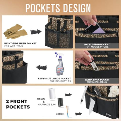 SCAVATA Compact Wearable Cleaning Caddy, Leopard | Small Cleaning Supplies Organizer with Handle & Shoulder Straps, Under Sink & Car Cleaning Tools Storage Bag for Housekeepers - color: Leopard