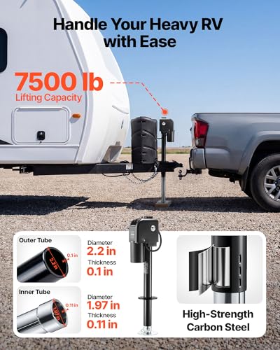 VEVOR Electric Trailer Jack, 7500 lbs Capacity, Electric Power Tongue Jack with Waterproof Protective Cover & LED Light for Travel Trailer, Camper, RV, 9.84-33.85 in Lift, 12V DC with Wiring, Black - size: 7500 lbs