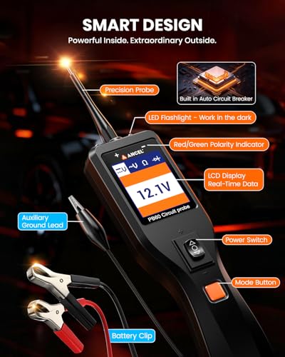 ANCEL PB60 Automotive Power Circuit Probe Tester 12-24V, All-in-One Electrical Diagnostic Tool with Component Activation, Short Finder, Digital Multimeter Ohmmeter Functions for Cars Trucks RVs ﻿ - color: Orange-Black