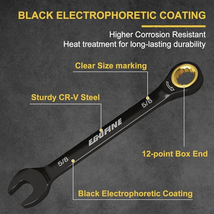 Egofine 5/8 Ratchet Wrench, 5/8 Wrench Ratcheting Combination Wrenches SAE, Industrial Grade Gear Spanner with 12 Point Box End, 72-Teeth Ratchet Black Electrophoretic Coating,CR-V - style: 5/8 inch