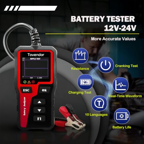 BT30 Car Battery Tester 6V/12V/24V, 100–2000 CCA, Alternator & Starter/Charging System Analyzer, Automotive Load Test, for Car Truck Motorcycle